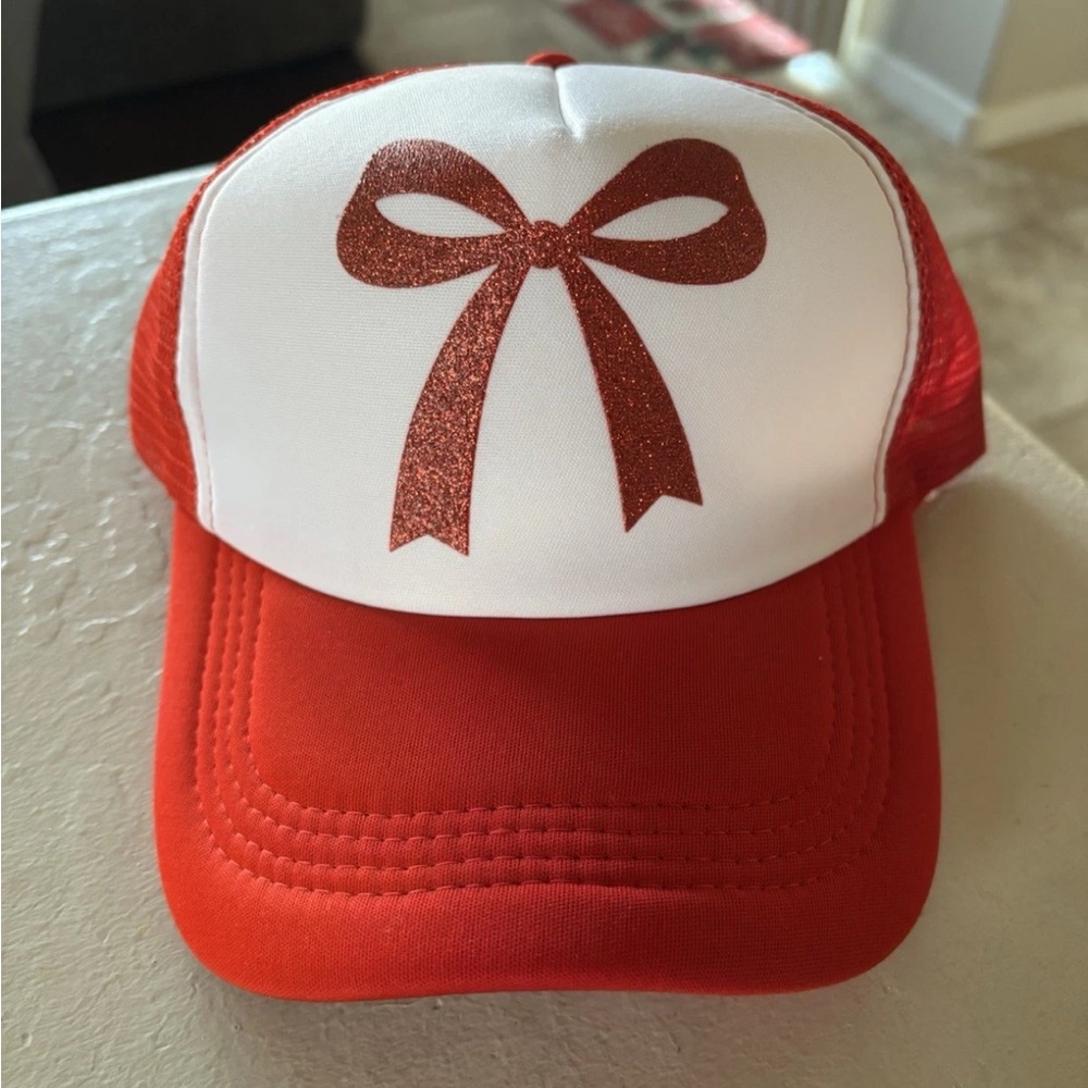 Red & White Trucker Hat With Red Glittery Bow Design